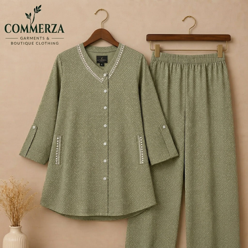 Sage Green Patterned Button-Down Tunic and Trouser Set
