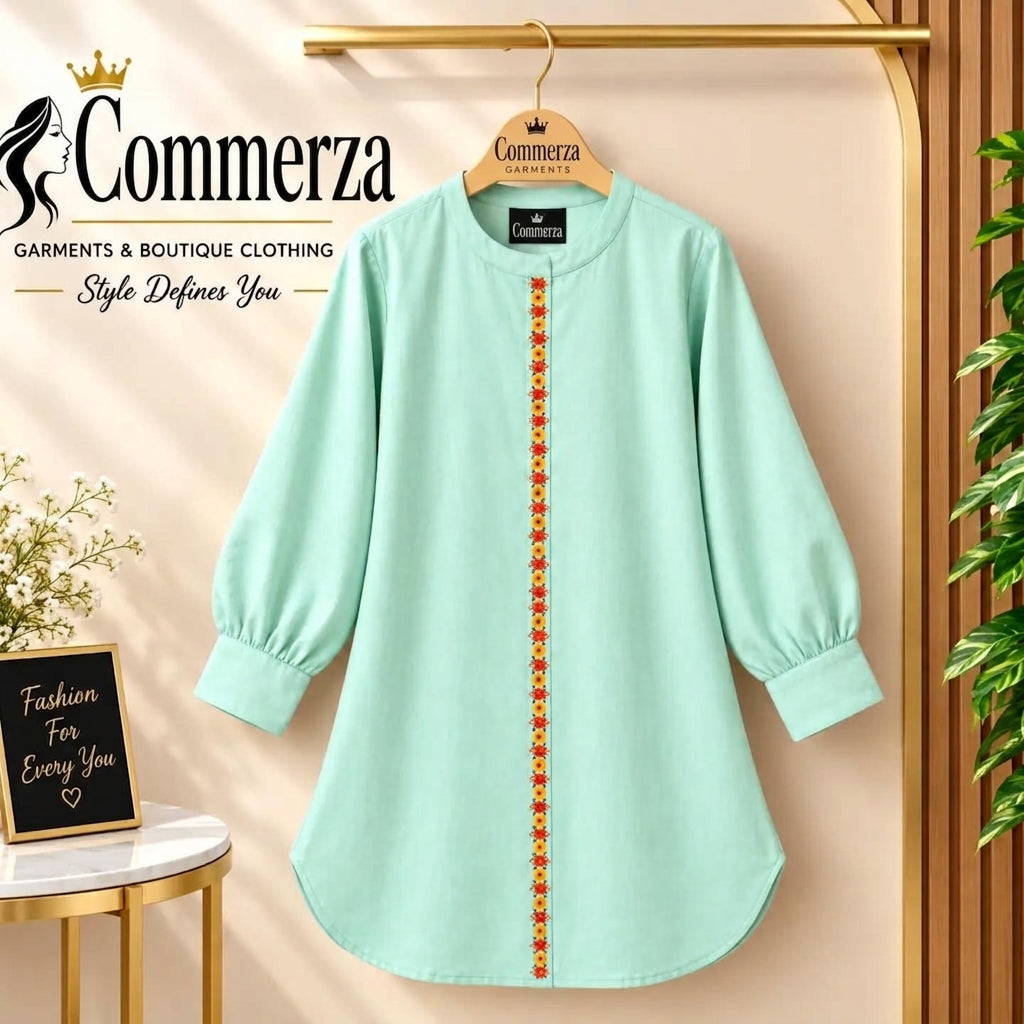 Mint Green Mandarin Collar Embroidered Tunic Shirt