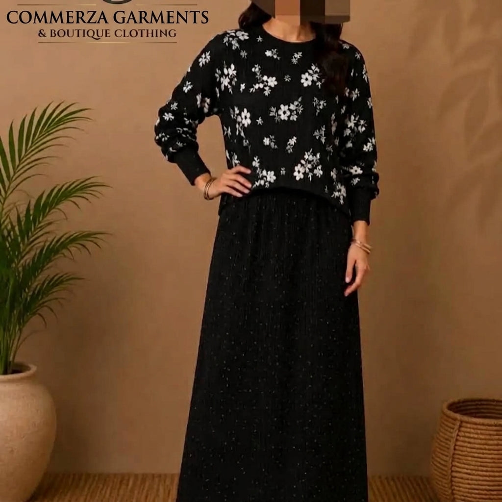 Black and White Floral Print Two-Piece Overlay Maxi Dress Set