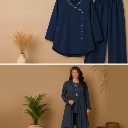 Dark Blue Shimmer Three-Piece Open-Front Coat, Top, and Trouser Set