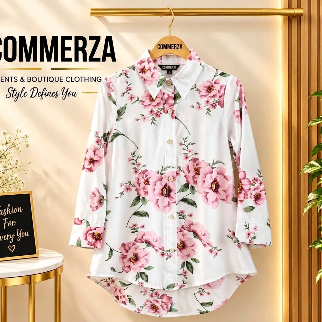 White Pink Floral Print Collared Tunic Shirt