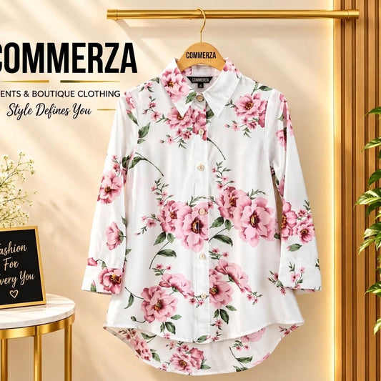 White Pink Floral Print Collared Tunic Shirt