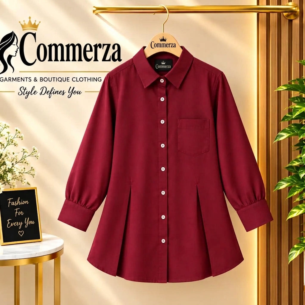 Burgundy Pleated Front Button-Down Shirt