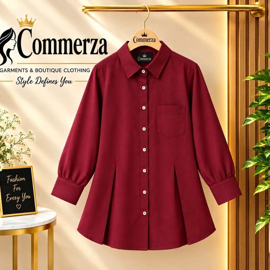 Burgundy Pleated Front Button-Down Shirt