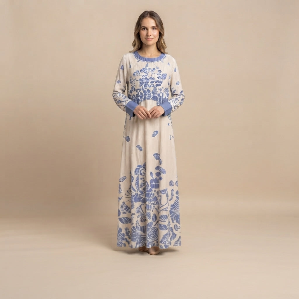 White and Blue Floral Print Two-Piece Overlay Maxi Dress Set