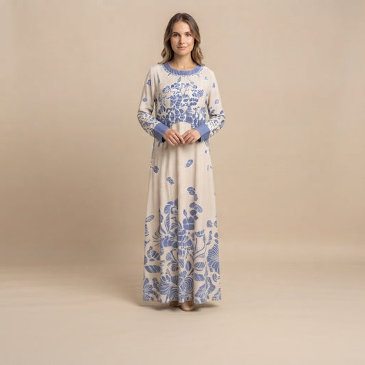 White and Blue Floral Print Two-Piece Overlay Maxi Dress Set