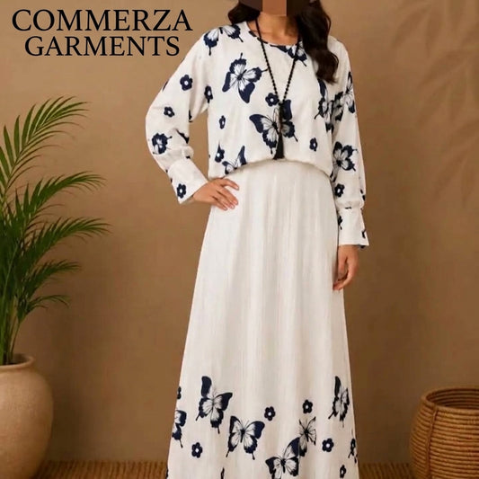 White and Navy Blue Butterfly Print Two-Piece Overlay Maxi Dress Set