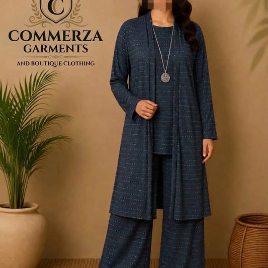 Dark Blue Shimmer Three-Piece Open-Front Coat, Top, and Trouser Set