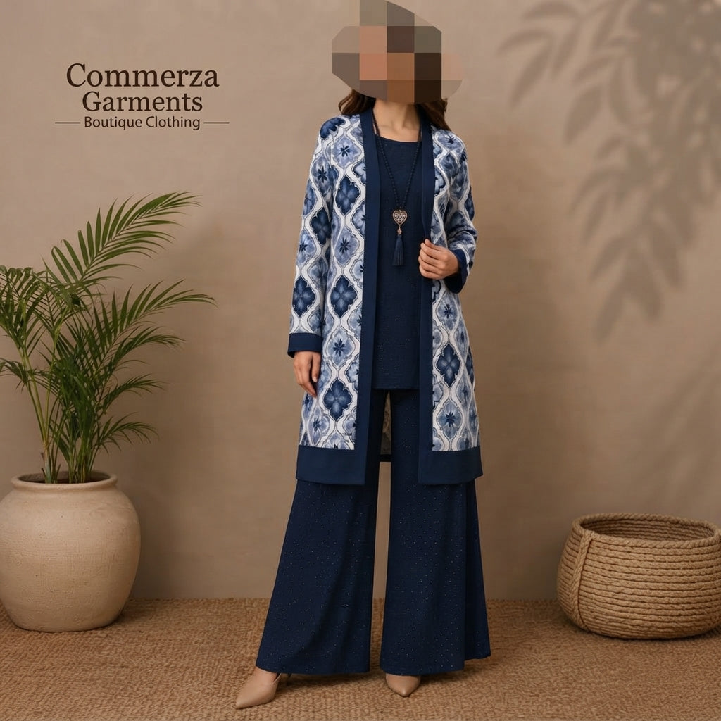 Blue and White Patterned Three-Piece Open-Front Coat, Top, and Trouser Set