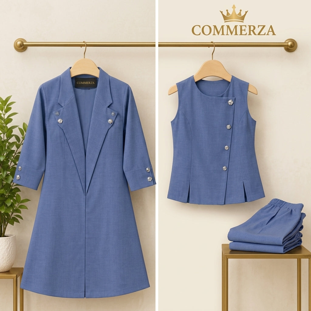 Commerza Slate Blue Three-Piece Blazer, Vest, and Trouser Set