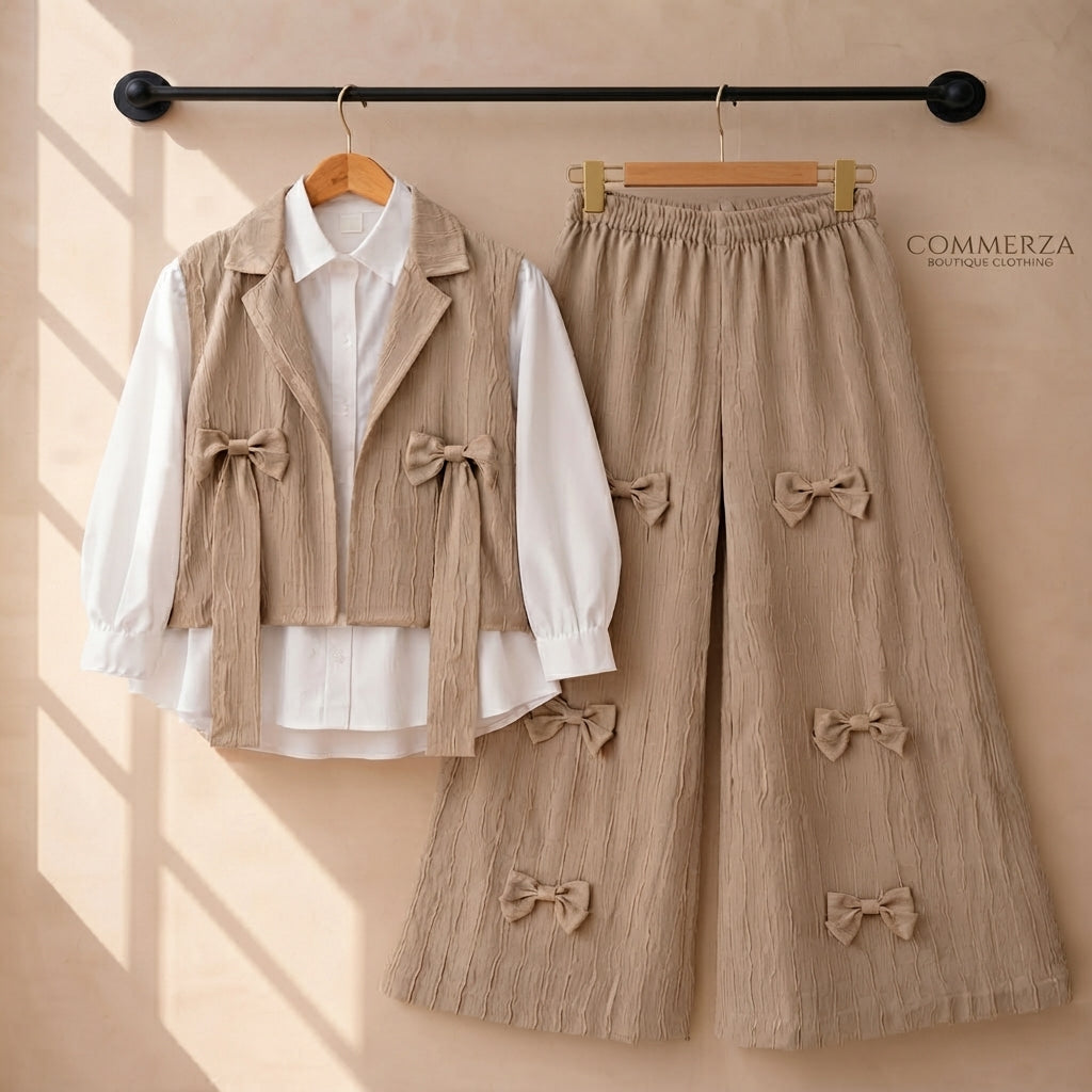 Beige and Navy Blue Three-Piece Bow-Embellished Vest, Shirt, and Trouser Set