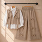 Beige and Navy Blue Three-Piece Bow-Embellished Vest, Shirt, and Trouser Set