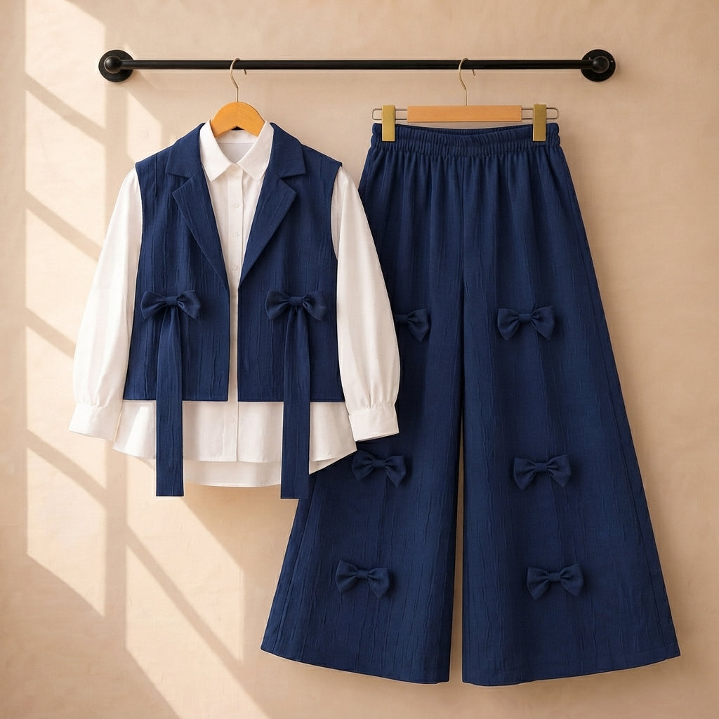 Beige and Navy Blue Three-Piece Bow-Embellished Vest, Shirt, and Trouser Set