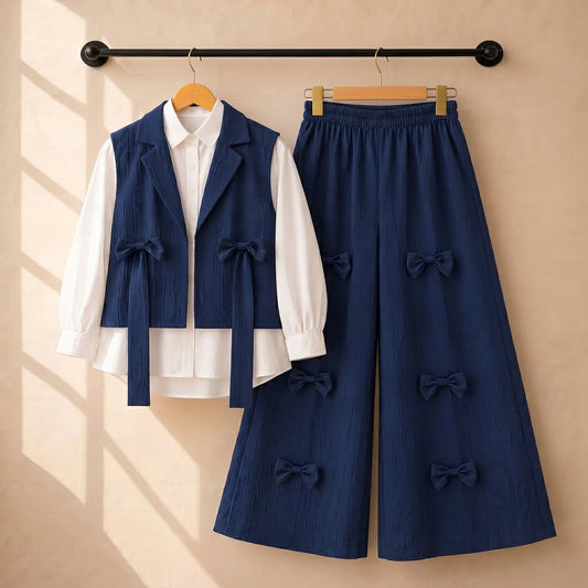 Beige and Navy Blue Three-Piece Bow-Embellished Vest, Shirt, and Trouser Set