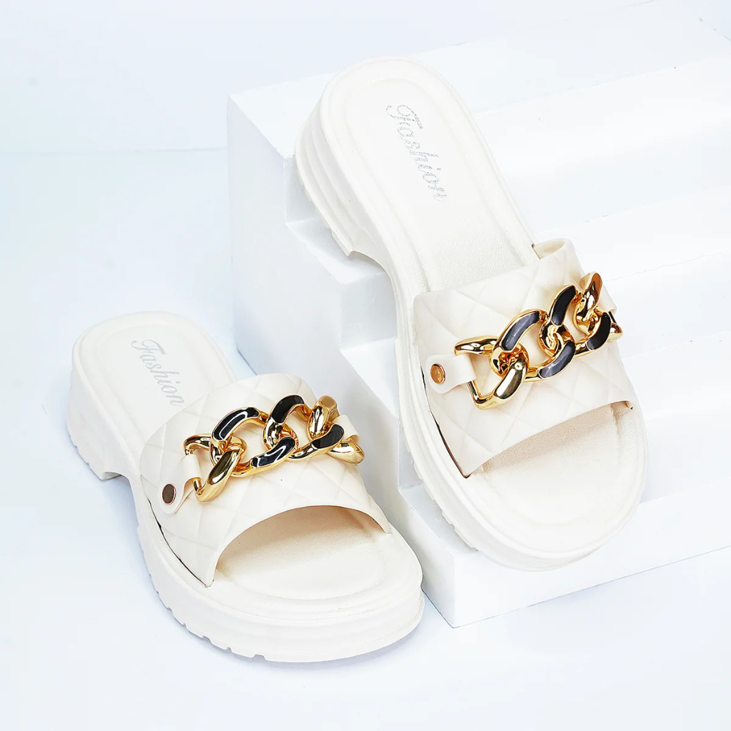 Chic Quilted Chain-Accent Slide Sandals