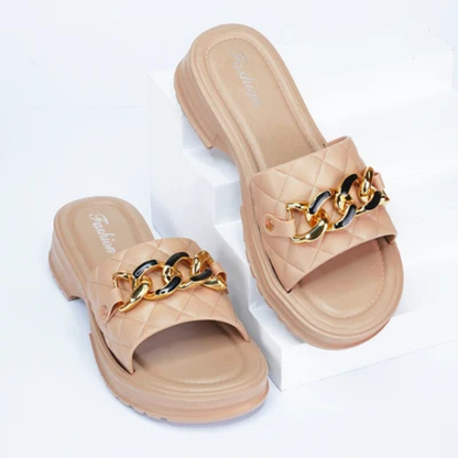 COMMERZA Chic Quilted Platform Slides with Gold Chain Accent – Nude Beige
