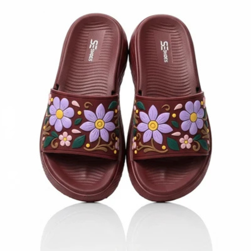 COMMERZA Floral Embroidered Platform Slides – Maroon