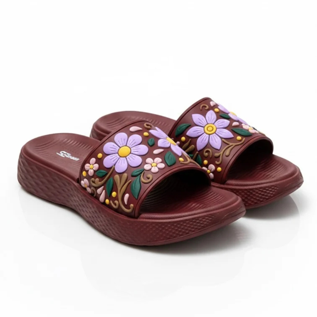 COMMERZA Floral Embroidered Platform Slides – Maroon