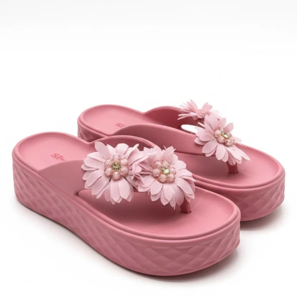 COMMERZA Floral Embellished Platform Thong Sandals – Pink