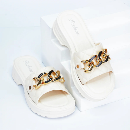 Chic Quilted Chain-Accent Slide Sandals