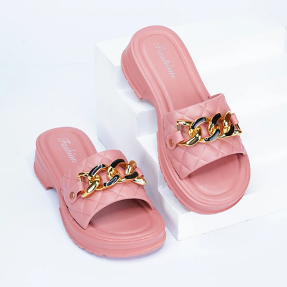 COMMERZA Chic Quilted Platform Slides with Gold Chain Accent – Pink