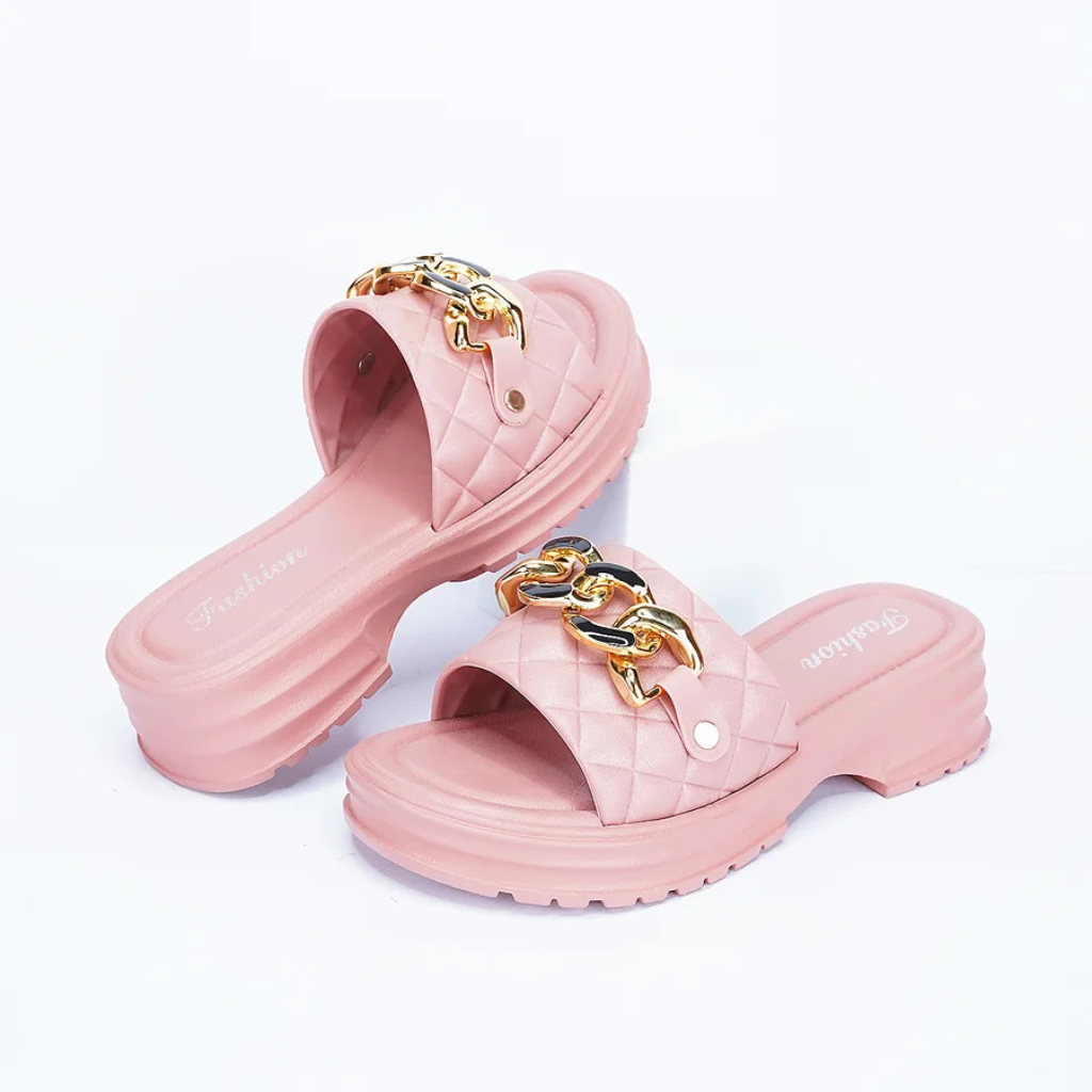 COMMERZA Chic Quilted Platform Slides with Gold Chain Accent – Pink