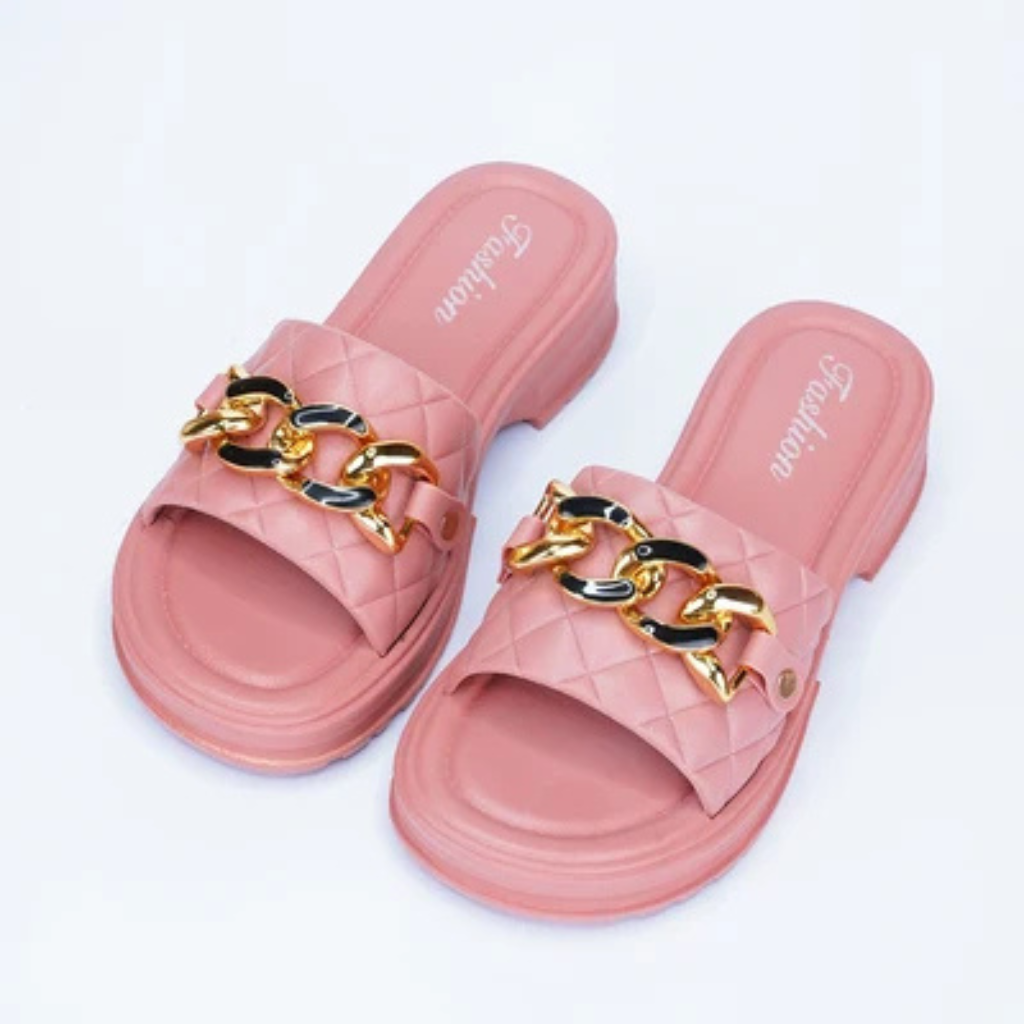 COMMERZA Chic Quilted Platform Slides with Gold Chain Accent – Pink
