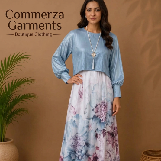 Ice Blue and Purple Floral Print Two-Piece Overlay Maxi Dress Set