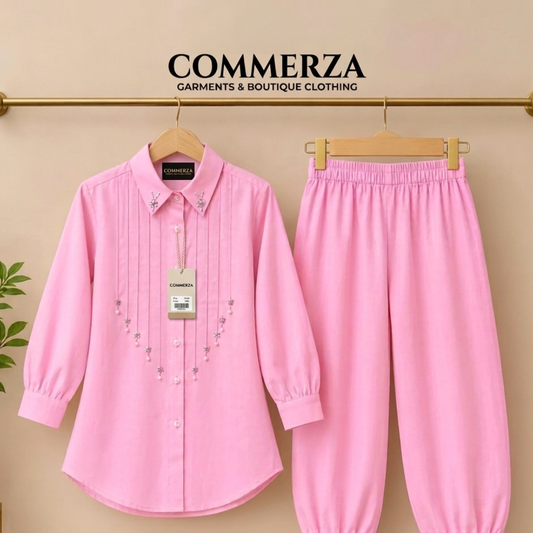 Pastel Pink Embellished Collared Shirt and Trouser Set
