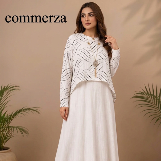 White Abstract Print Layered Overlay Maxi Dress Set
